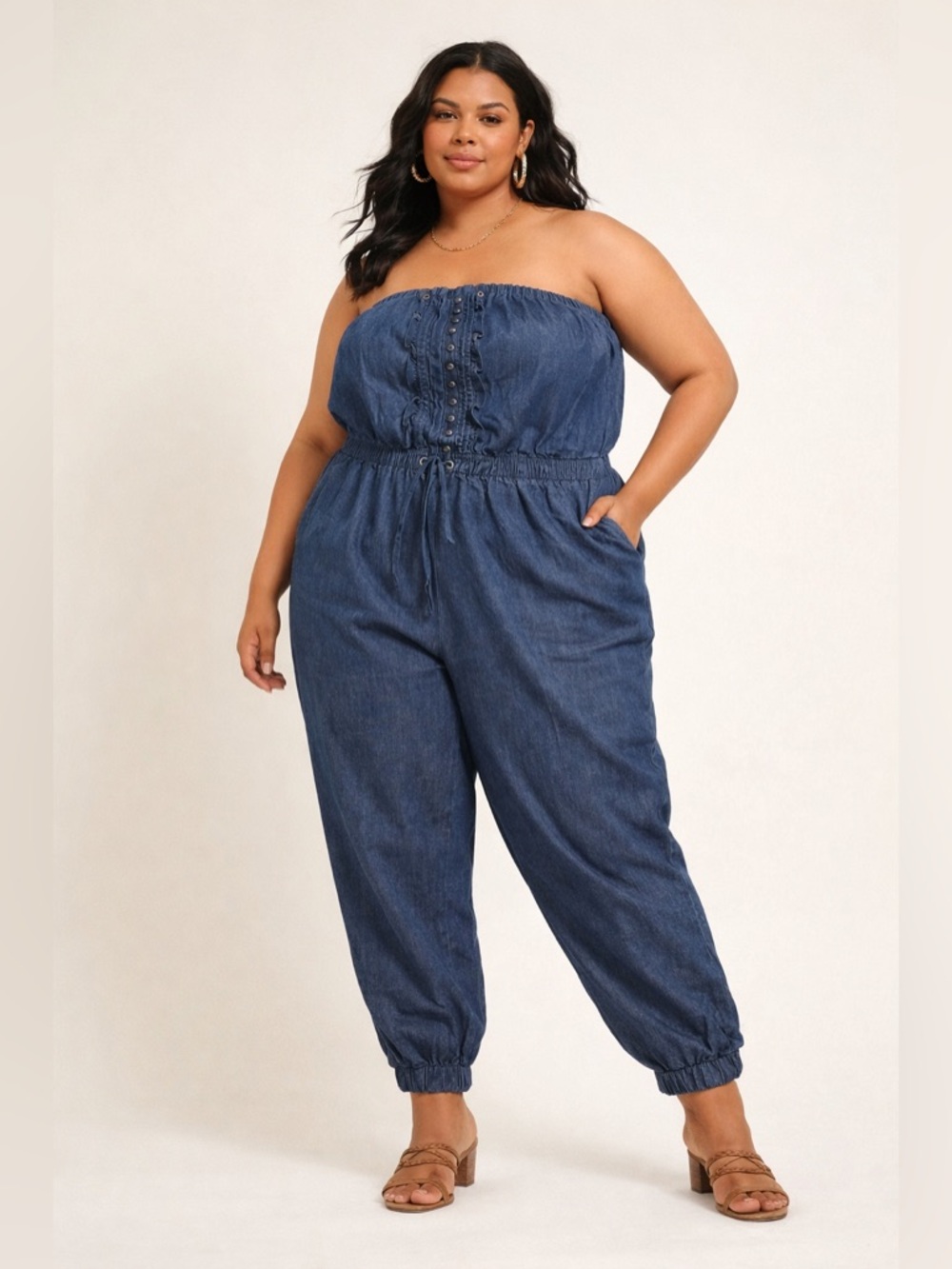Paper Tee 2X Strapless Chambray Jumpsuit Boho Elastic Waist Jogger Pants Romper